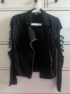 Black Women's Cutout Sleeve Moto Jacket
